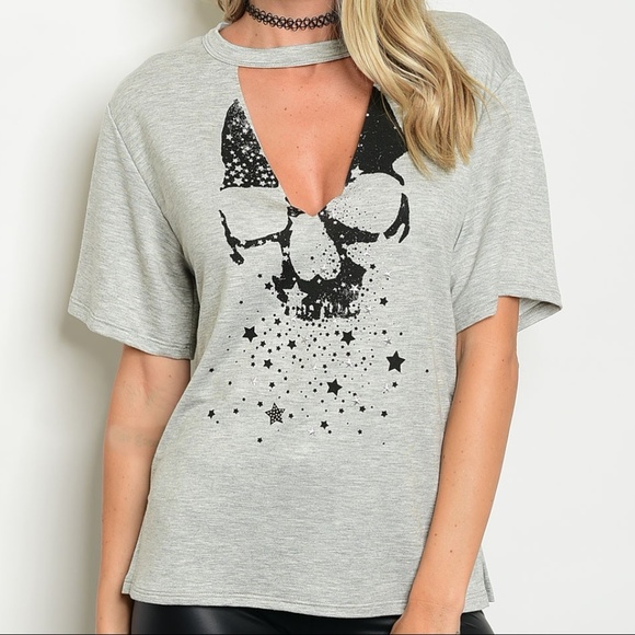  HP 5-20 Skull Stars Graphic Choker Vneck Tee - Picture 2 of 8